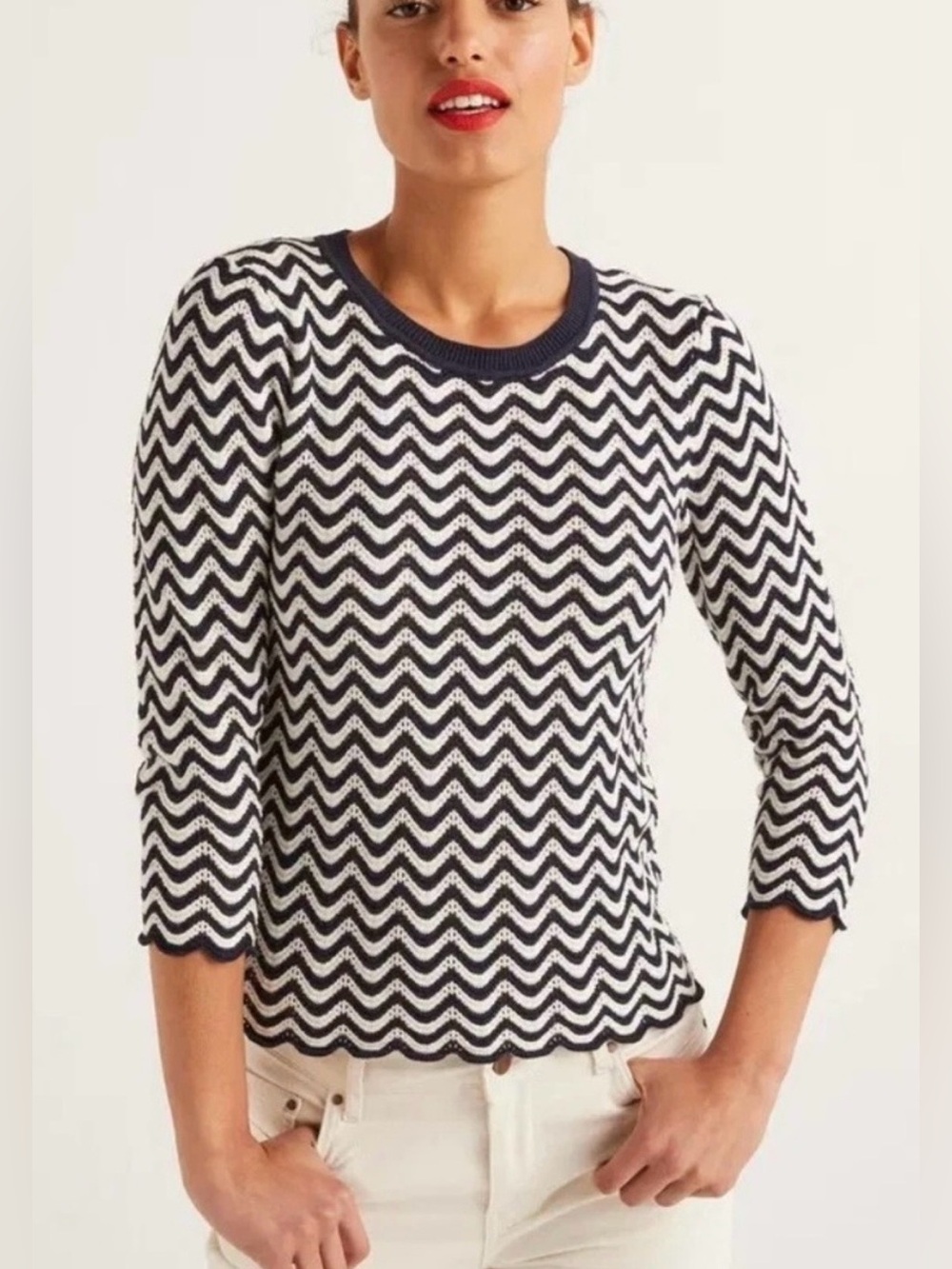 Boden Powis Pointelle Chevron Sweater Navy White Scalloped Knit 8